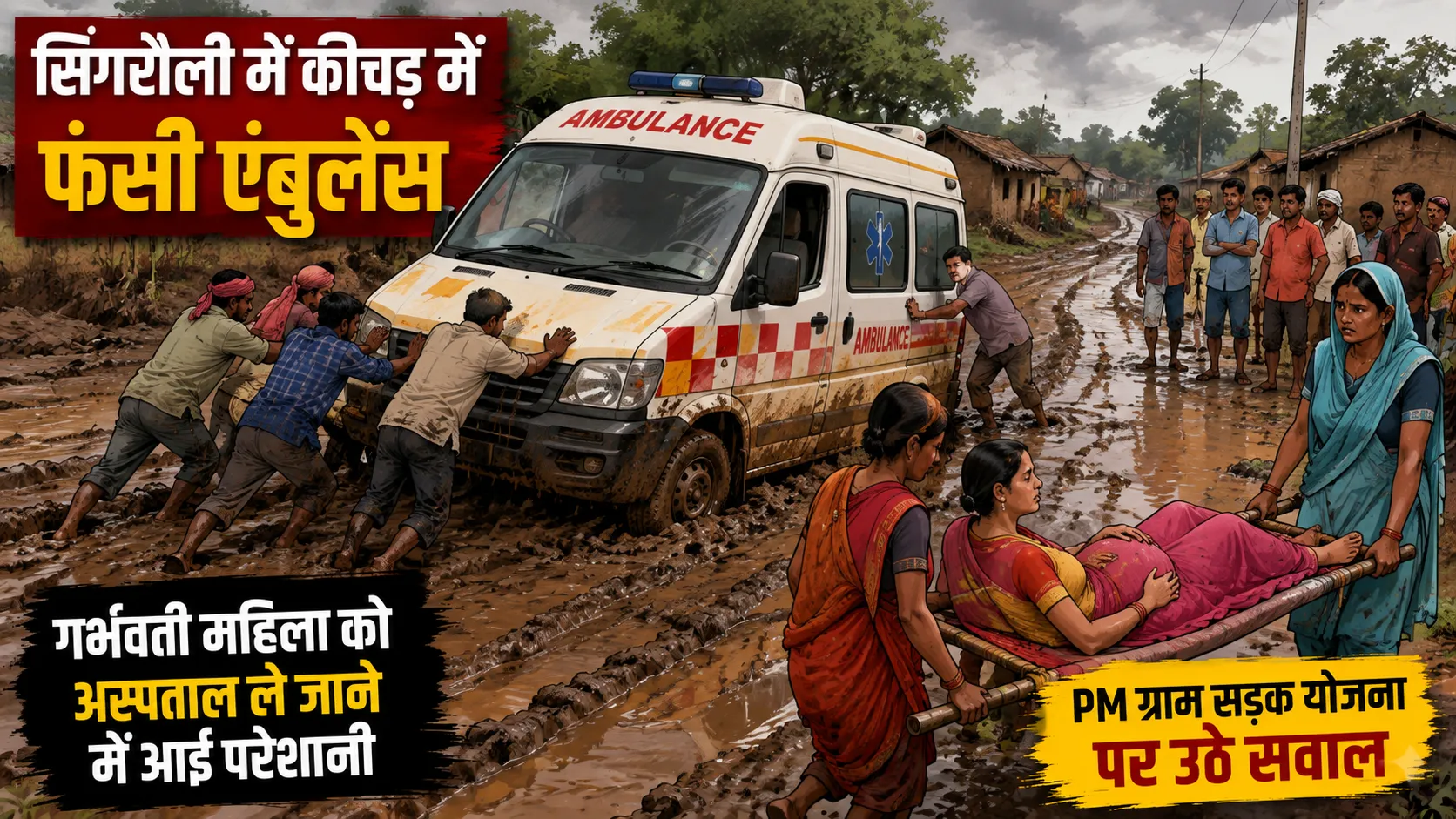 Singrauli Road News: बारिश में कीचड़ बनी सड़क, गर्भवती महिला को ले जा रही एंबुलेंस रास्ते में फंसी